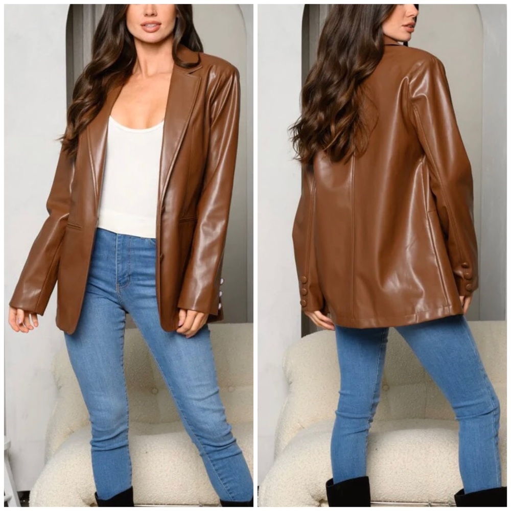 HYFVE Relaxed Fit Brown Pleather Blazer - Picture 2 of 5